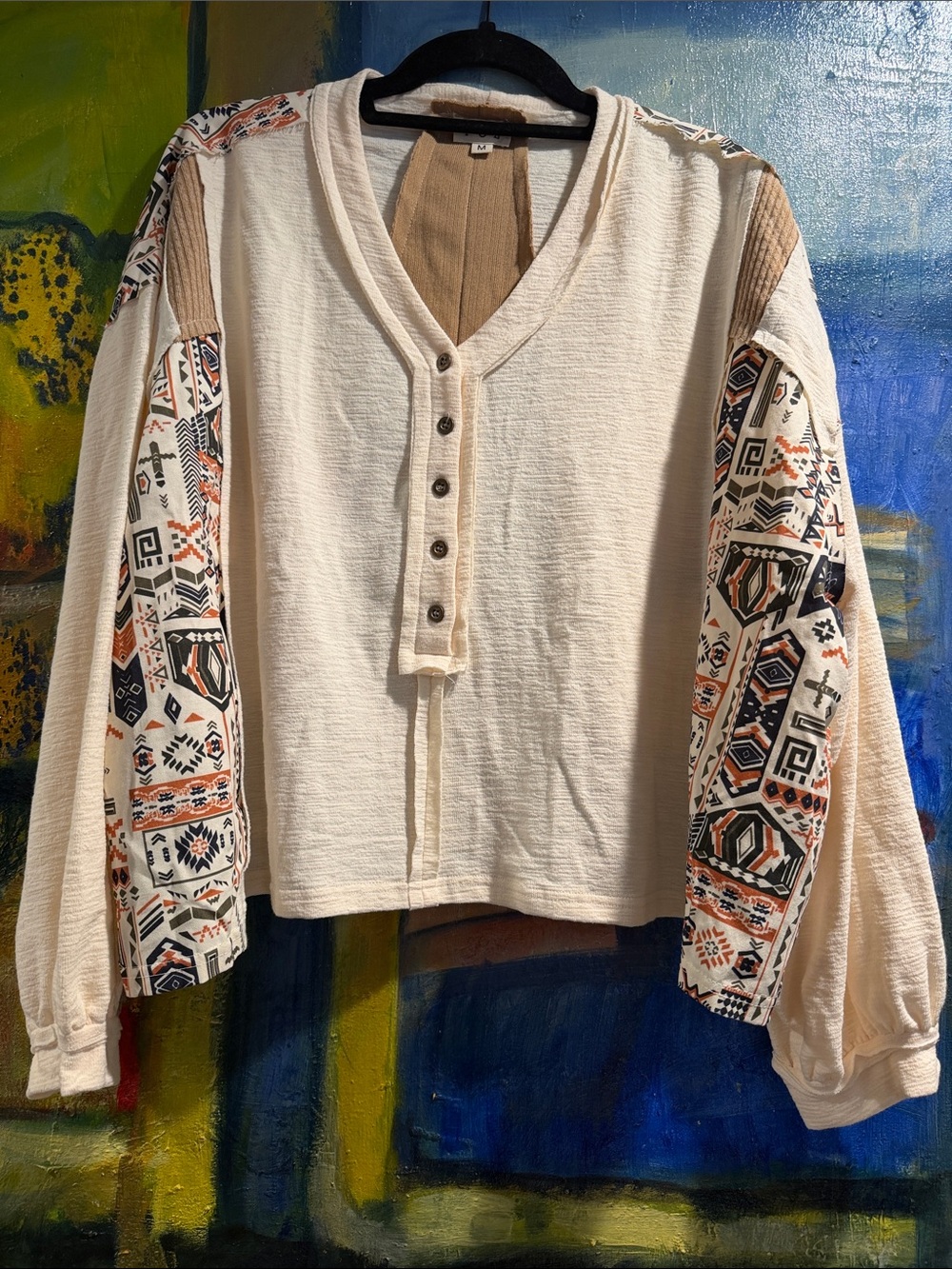 POL Cream Henley Sweatshirt with Aztec Print NWOT